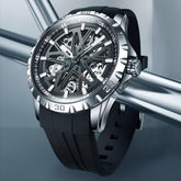 Mark Fairwhale KANTRY Obsidian Platinum – Black and silver skeleton automatic watch for men with luminous display and silicone strap