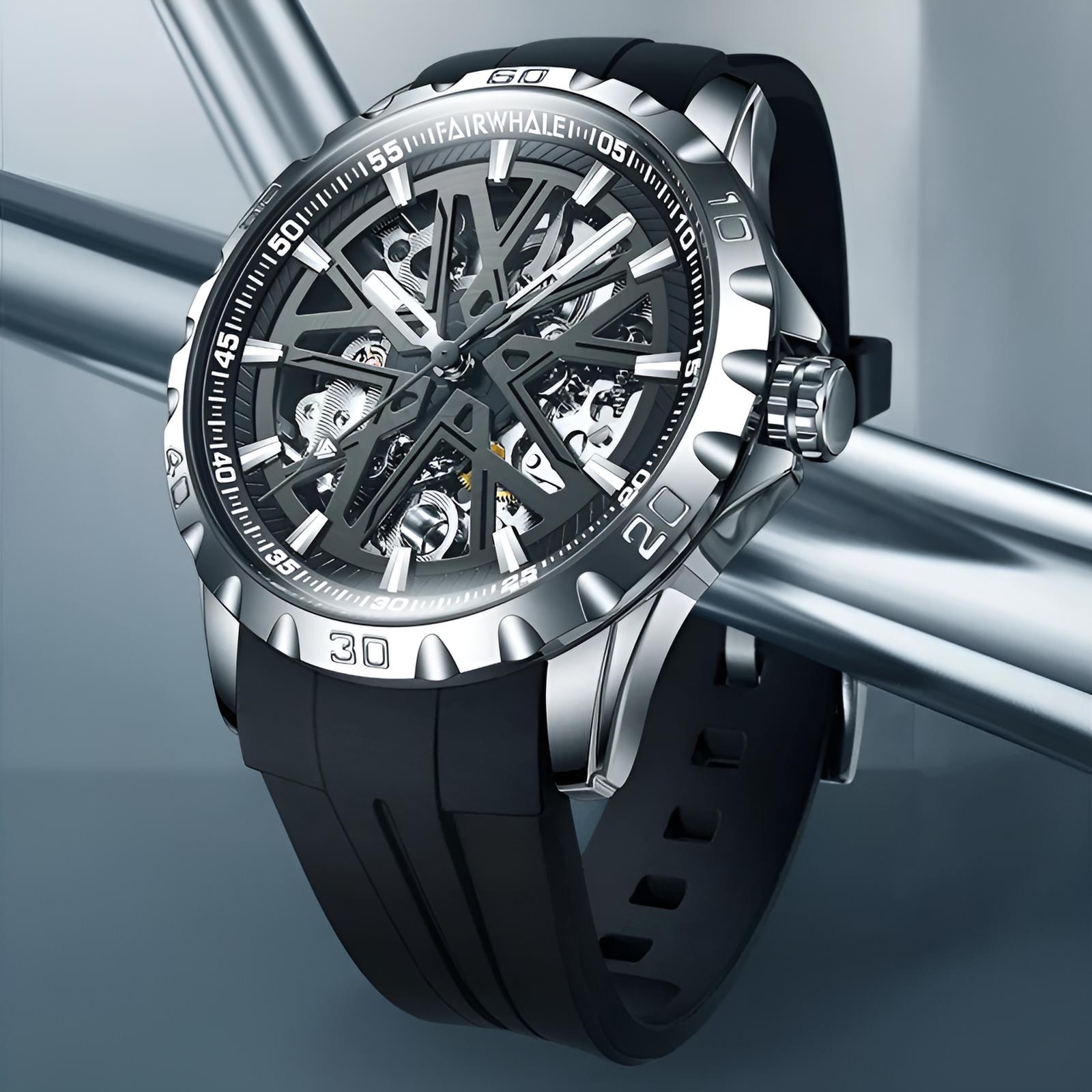 Mark Fairwhale KANTRY Obsidian Platinum – Black and silver skeleton automatic watch for men with luminous display and silicone strap