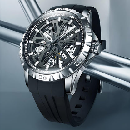 Mark Fairwhale KANTRY Obsidian Platinum – Black and silver skeleton automatic watch for men with luminous display and silicone strap