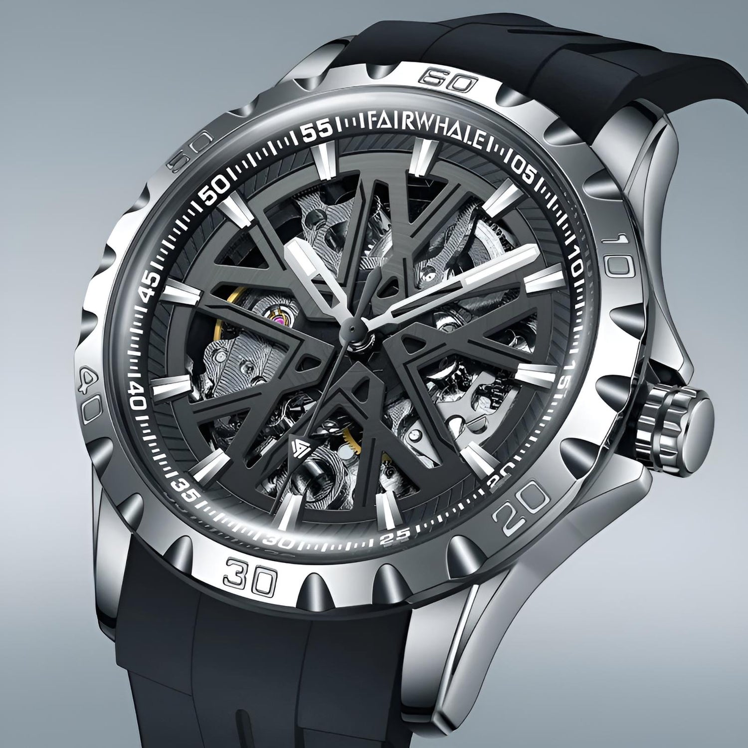 Mark Fairwhale KANTRY Obsidian Platinum – Black and silver skeleton automatic watch for men with luminous display and silicone strap