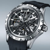 Mark Fairwhale KANTRY Obsidian Platinum – Black and silver skeleton automatic watch for men with luminous display and silicone strap