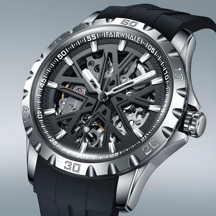 Mark Fairwhale KANTRY Obsidian Platinum – Black and silver skeleton automatic watch for men with luminous display and silicone strap