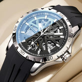 Mark Fairwhale KANTRY Obsidian Platinum – Black and silver skeleton automatic watch for men with luminous display and silicone strap