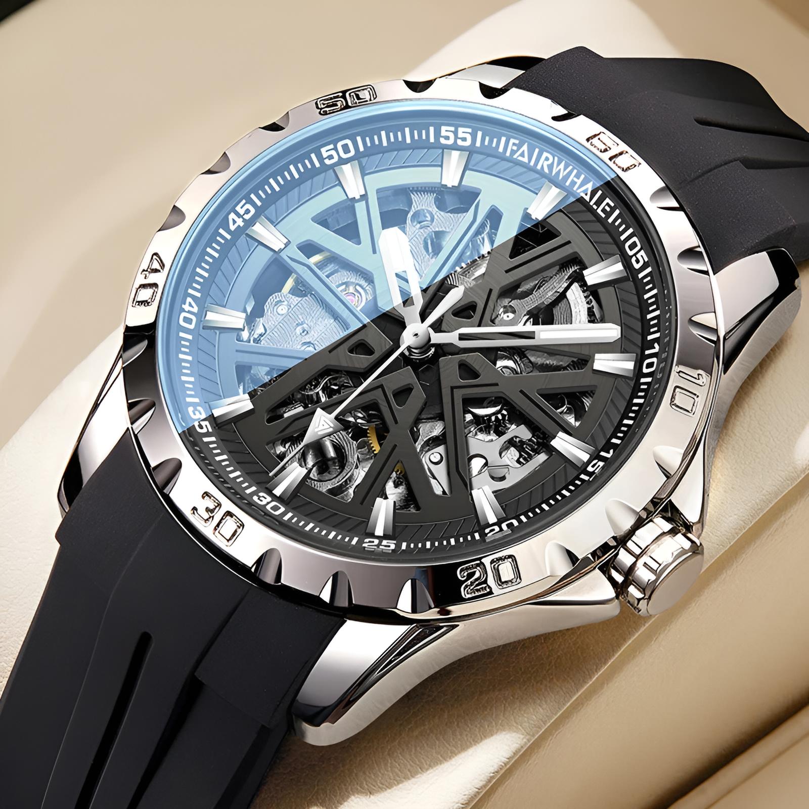 Mark Fairwhale KANTRY Obsidian Platinum – Black and silver skeleton automatic watch for men with luminous display and silicone strap