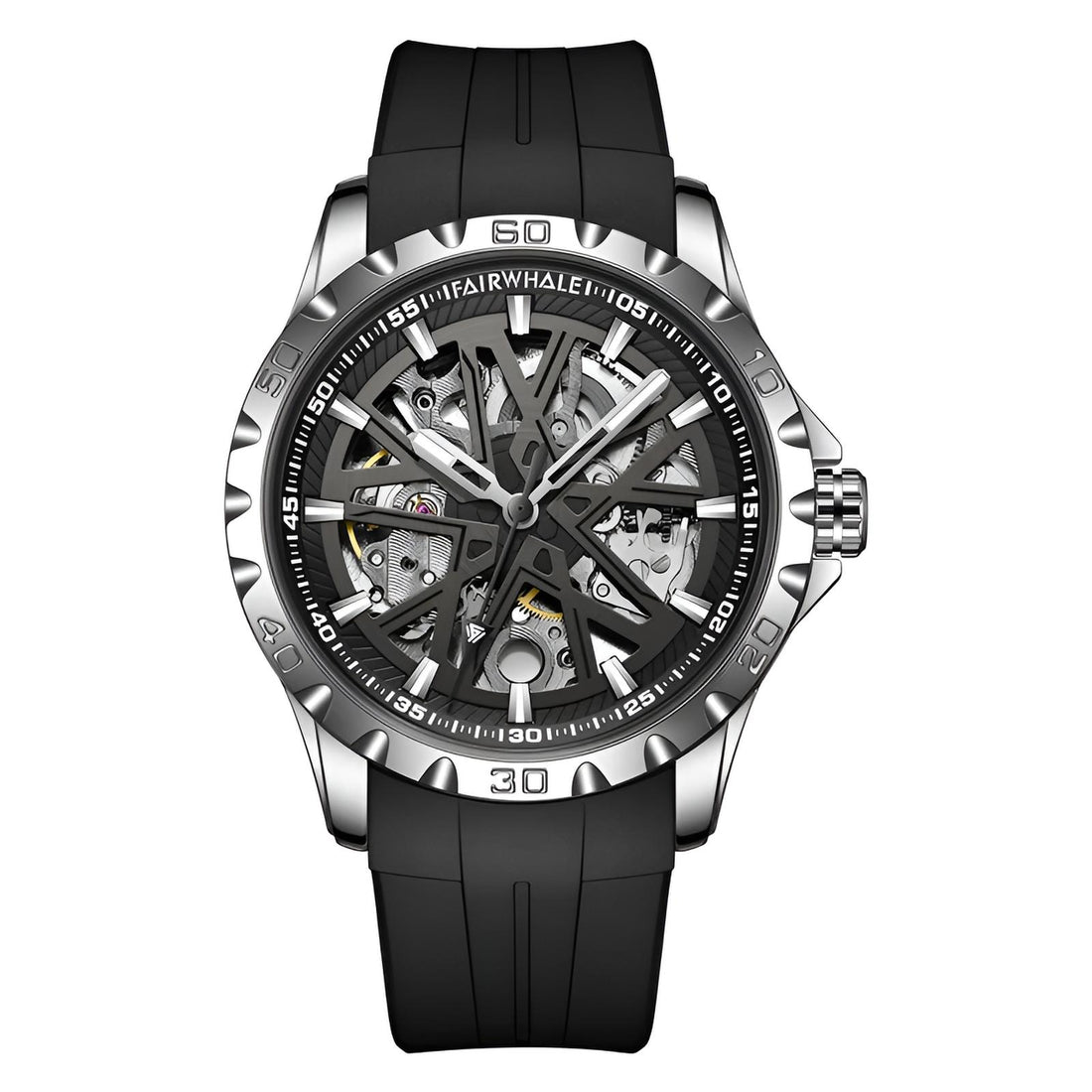Mark Fairwhale KANTRY Obsidian Platinum – Black and silver skeleton automatic watch for men with luminous display and silicone strap