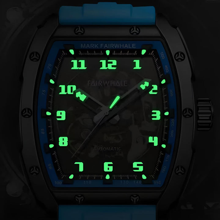 Mark Fairwhale KINETRA Cobalt Pulse – Deep blue luminous automatic watch for men, sleek 45mm tonneau case with sport strap