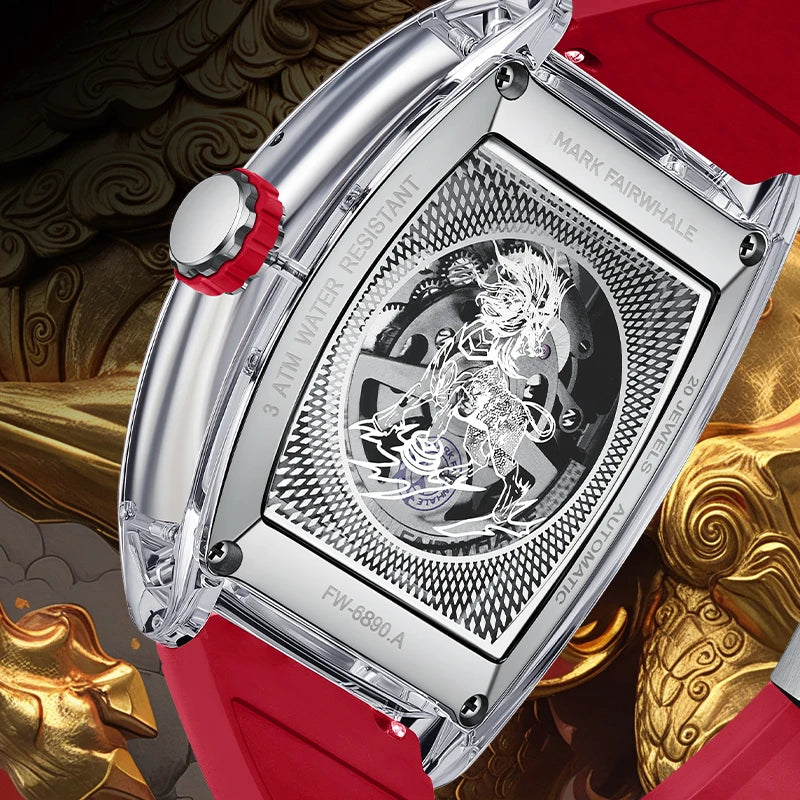 Mark Fairwhale FW-6890 KIRITHOR automatic self-winding watch with transparent case back engraved with Kirin motif and visible 20-jewel movement.