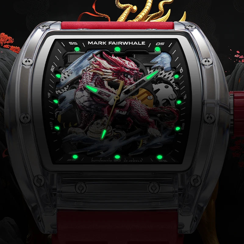 Mark Fairwhale FW-6890 KIRITHOR men’s automatic mechanical watch with 3D Kirin skeleton dial and glowing luminous hands in the dark.