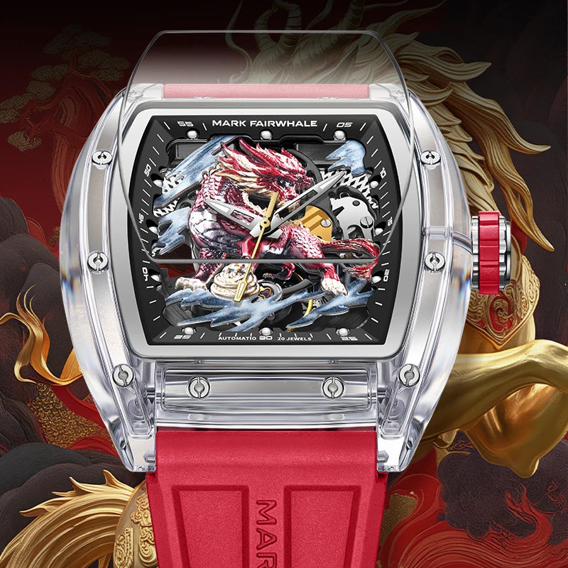 Mark Fairwhale FW-6890 KIRITHOR men’s automatic skeleton watch with black rubber strap worn on wrist, urban streetwear style.