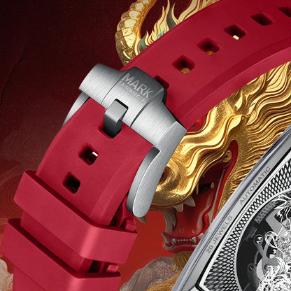 Mark Fairwhale FW-6890 KIRITHOR men’s automatic watch red rubber strap with stainless steel buckle engraved with Mark Fairwhale logo.