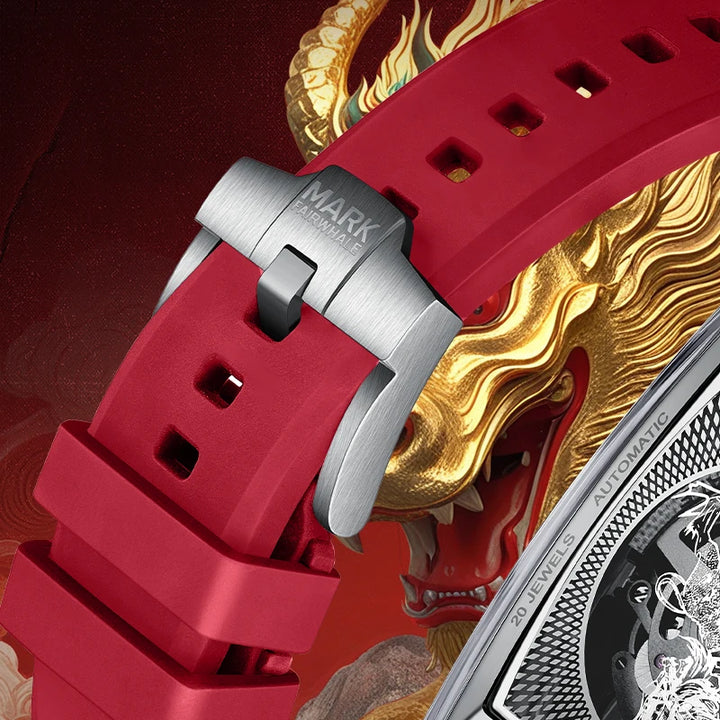 Mark Fairwhale FW-6890 KIRITHOR men’s automatic watch red rubber strap with stainless steel buckle engraved with Mark Fairwhale logo.