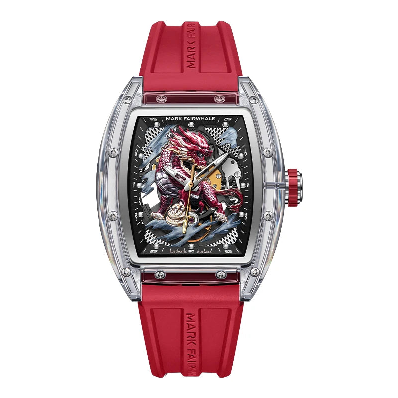 Mark Fairwhale FW-6890 KIRITHOR men’s automatic watch red rubber strap and skeleton dial featuring red dragon 3D relief design.