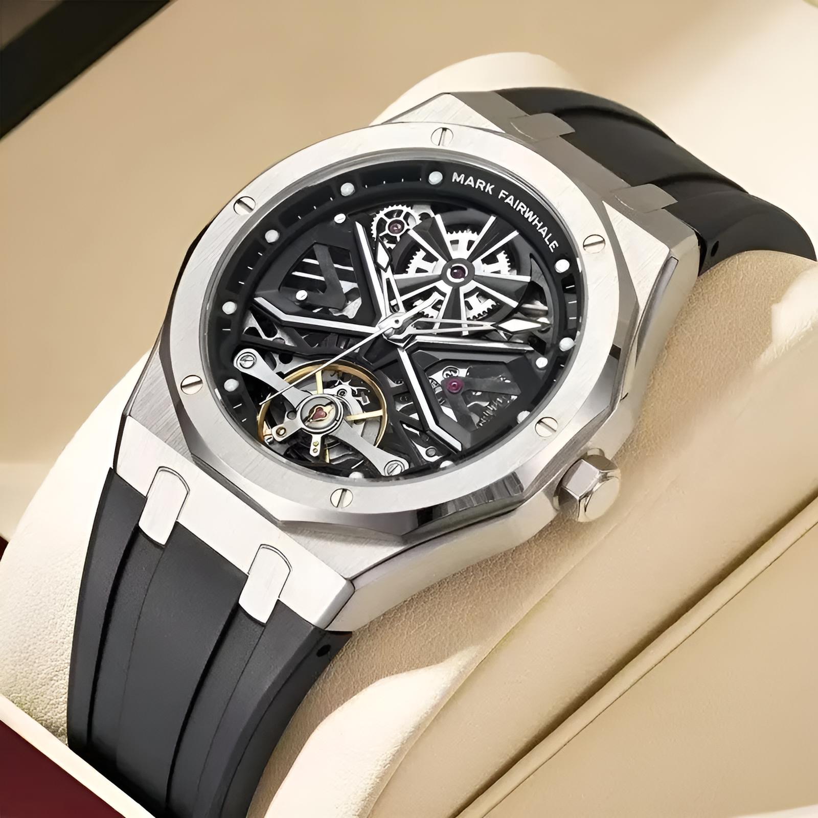 Mark Fairwhale KRYONA Steel Core – Silver-toned skeleton tourbillon automatic watch with sport silicone strap for men