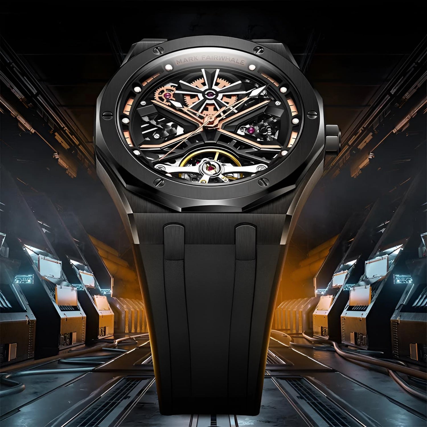 Mark Fairwhale KRYONA Night Tide – Black PVD-coated skeleton tourbillon watch with dark silicone strap and glowing details