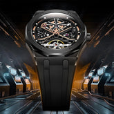 Mark Fairwhale KRYONA Night Tide – Black PVD-coated skeleton tourbillon watch with dark silicone strap and glowing details