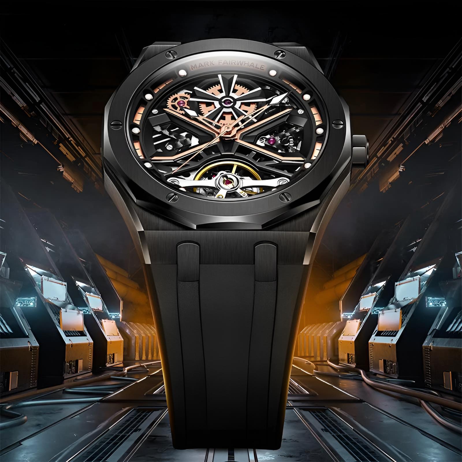 Mark Fairwhale KRYONA Night Tide – Black PVD-coated skeleton tourbillon watch with dark silicone strap and glowing details
