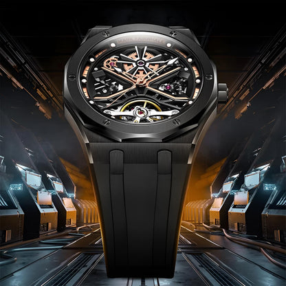 Mark Fairwhale KRYONA Night Tide – Black PVD-coated skeleton tourbillon watch with dark silicone strap and glowing details