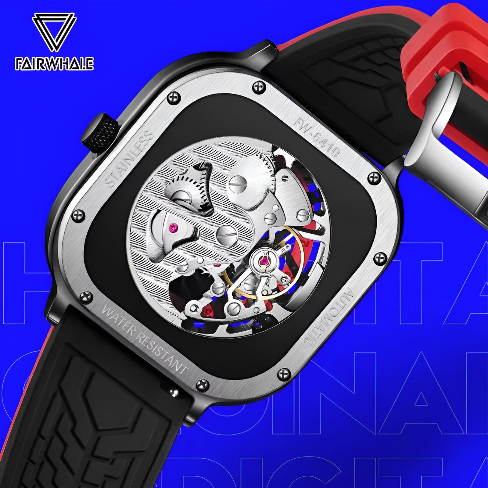 Mark Fairwhale KRYONI NIGHT Red – red skeleton automatic watch for men with luminous display and rubber sport strap