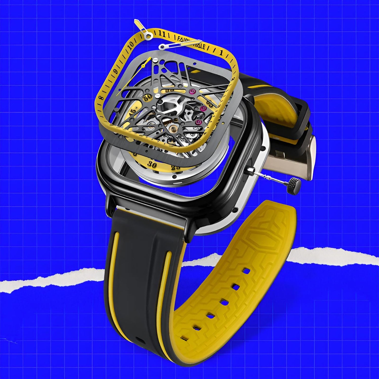 Mark Fairwhale KRYONI VOLT TRACE – Gunmetal skeleton watch for men with luminous hands and high-contrast geometric design