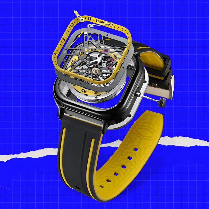 Mark Fairwhale KRYONI VOLT TRACE – Gunmetal skeleton watch for men with luminous hands and high-contrast geometric design