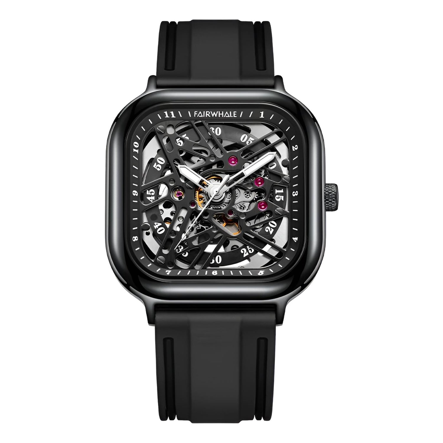 Mark Fairwhale KRYONI ONYX CORE – Matte black square automatic watch for men with exposed mechanics and sporty grip strap