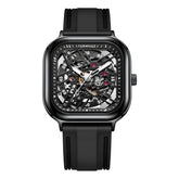 Mark Fairwhale KRYONI ONYX CORE – Matte black square automatic watch for men with exposed mechanics and sporty grip strap