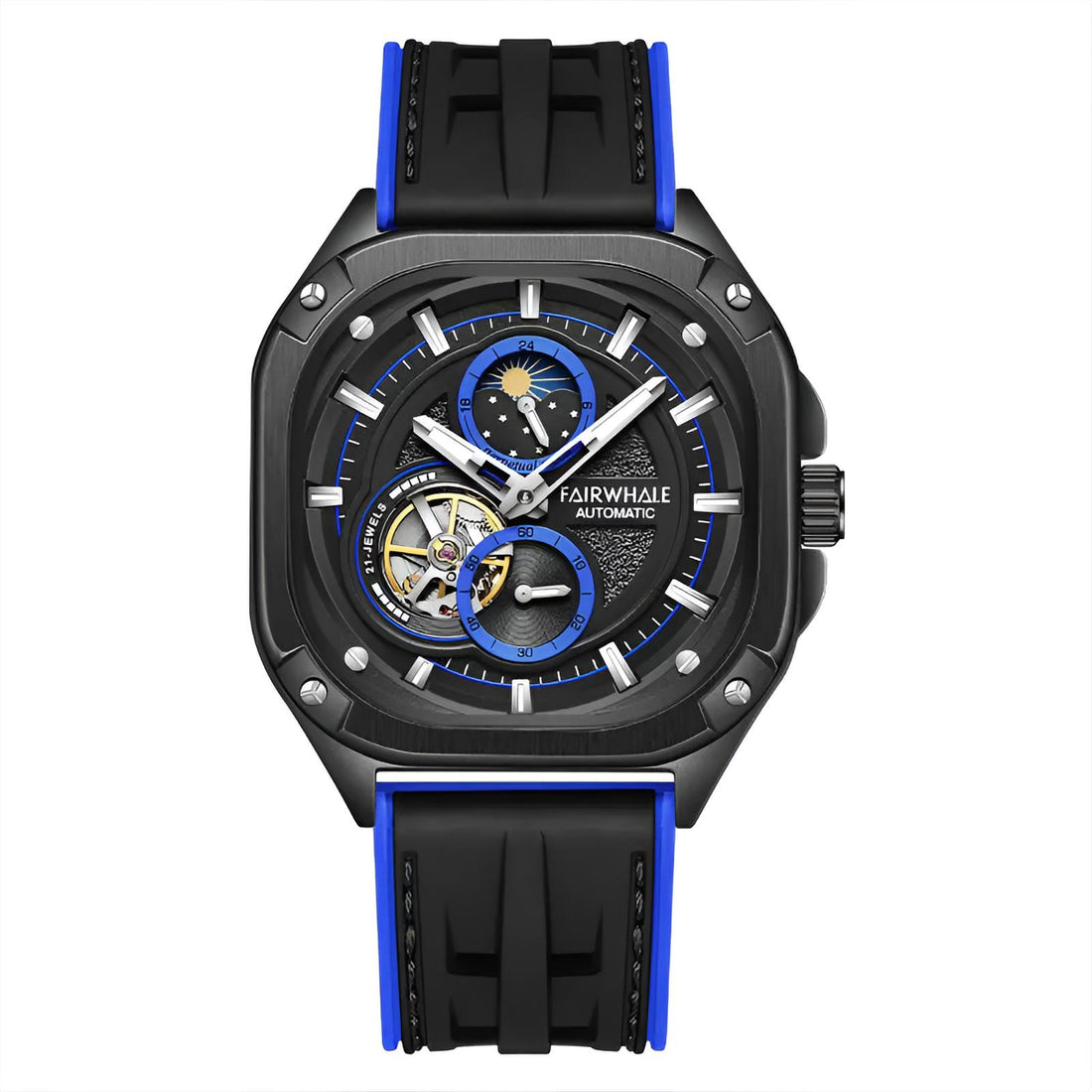 Mark Fairwhale KYNTRA COBALT SURGE – Blue accent skeleton automatic watch for men with stainless steel case and sport rubber strap