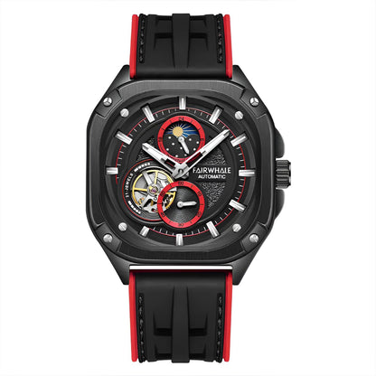 Mark Fairwhale KYNTRA CRIMSON PULSE – Red accent skeleton automatic watch for men with stainless steel case and sport rubber strap
