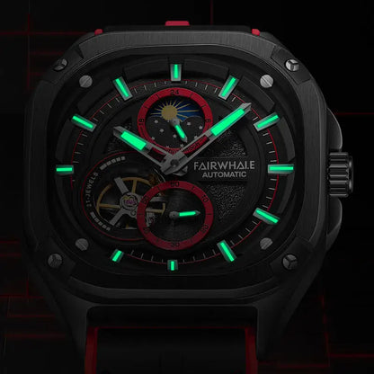 Mark Fairwhale KYNTRA CRIMSON PULSE – Red accent skeleton automatic watch for men with stainless steel case and sport rubber strap