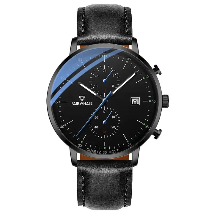 Mark Fairwhale LUMINOR Men’s black chronograph quartz watch with minimalist dial and genuine black leather strap.