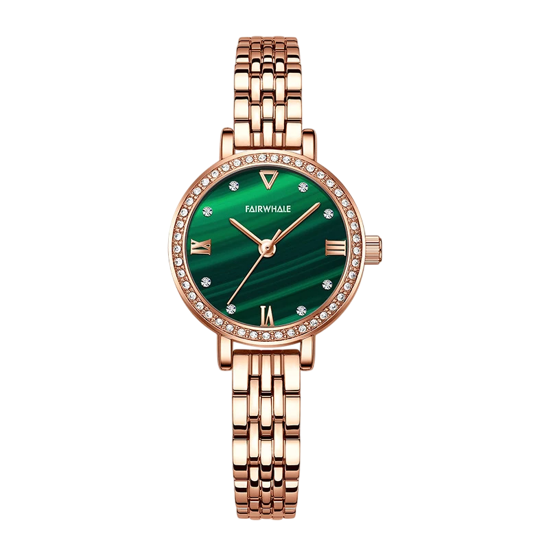 Mark Fairwhale LUMORA 3250 rose gold women’s quartz watch with malachite green dial and stainless steel bracelet