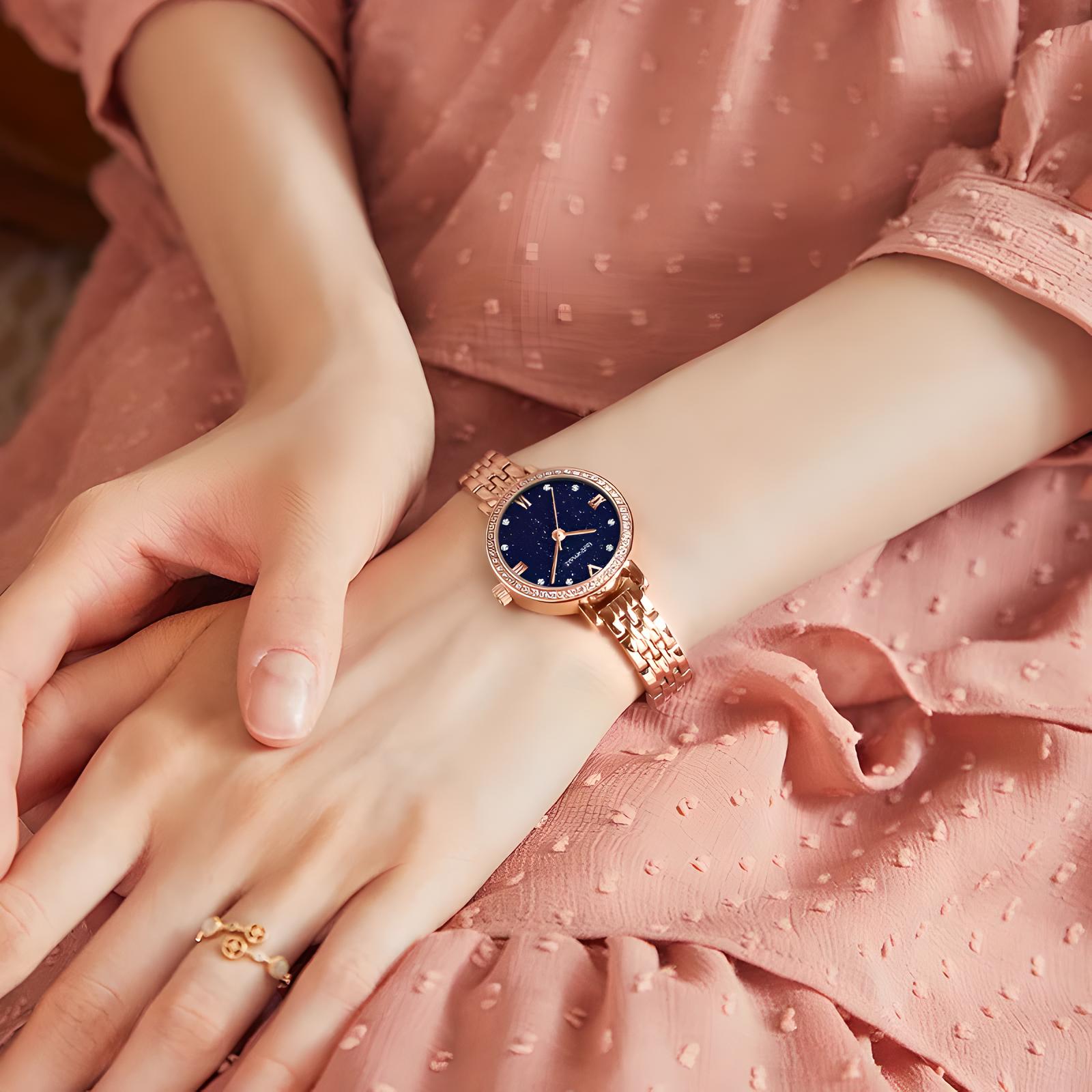 Mark Fairwhale LUMORA 3250 women’s luxury quartz watch with blue starry dial and crystal bezel – on wrist