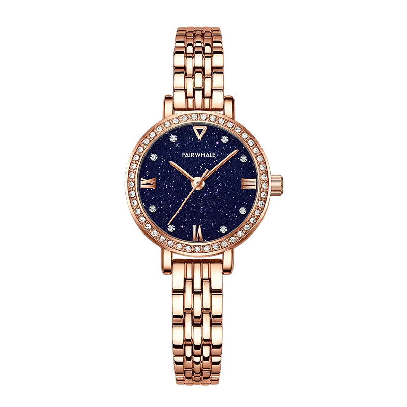 Mark Fairwhale LUMORA 3250 women’s quartz watch with starry blue dial and rose gold stainless steel bracelet – close-up