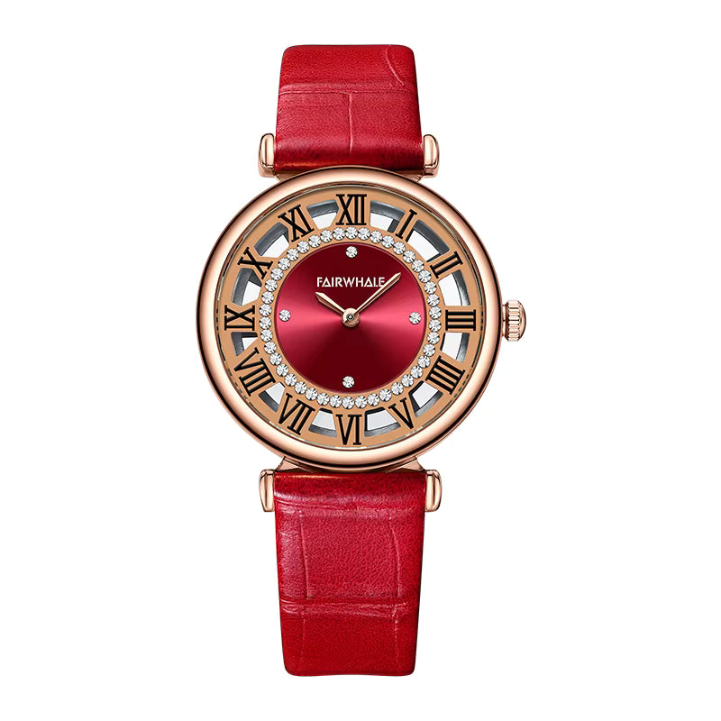 Mark Fairwhale LUMORA Velvet Ruby diamond accent luxury watch for women, 33mm round case, quartz movement, red leather strap