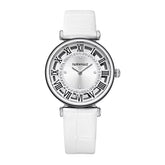 Mark Fairwhale LUMORA Pearl Lumen white leather luxury watch for women, diamond accent dial, 33mm round case, quartz movement