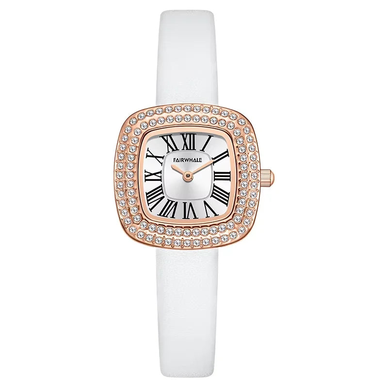 Mark Fairwhale LUMÉRA Pearl Aura white quartz watch for women, crystal bezel, sapphire glass, leather strap, vintage elegance