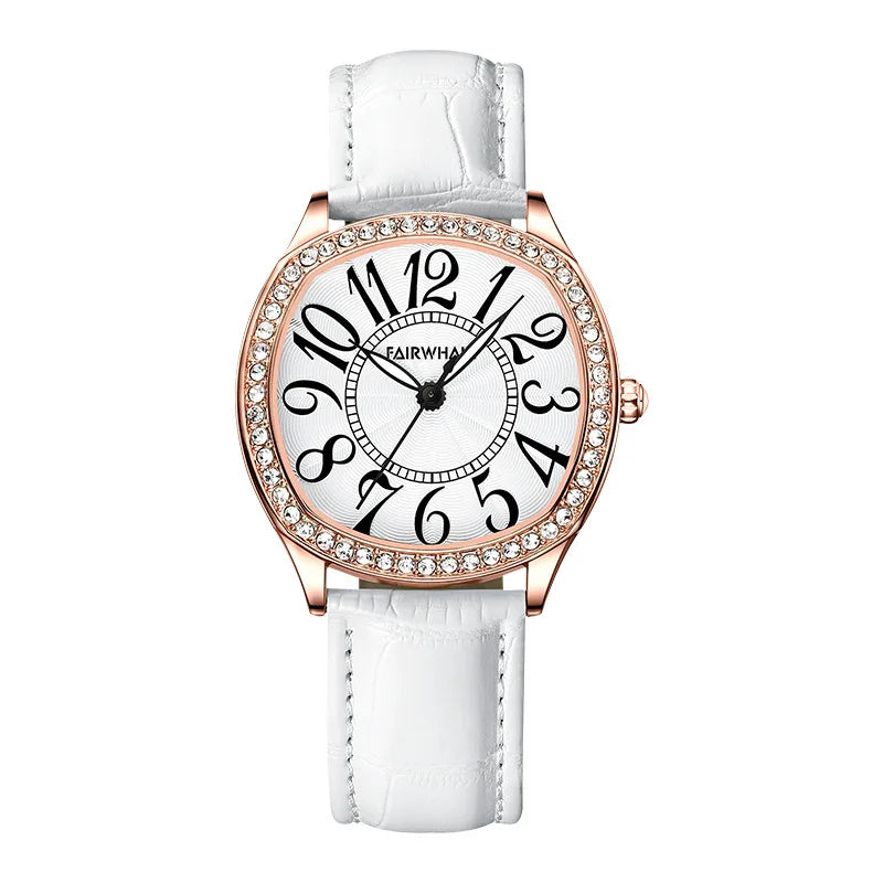 Mark Fairwhale LUNARA Blanc Éther white luxury watch for women, 35mm retro quartz timepiece, diamond accent dial, leather band