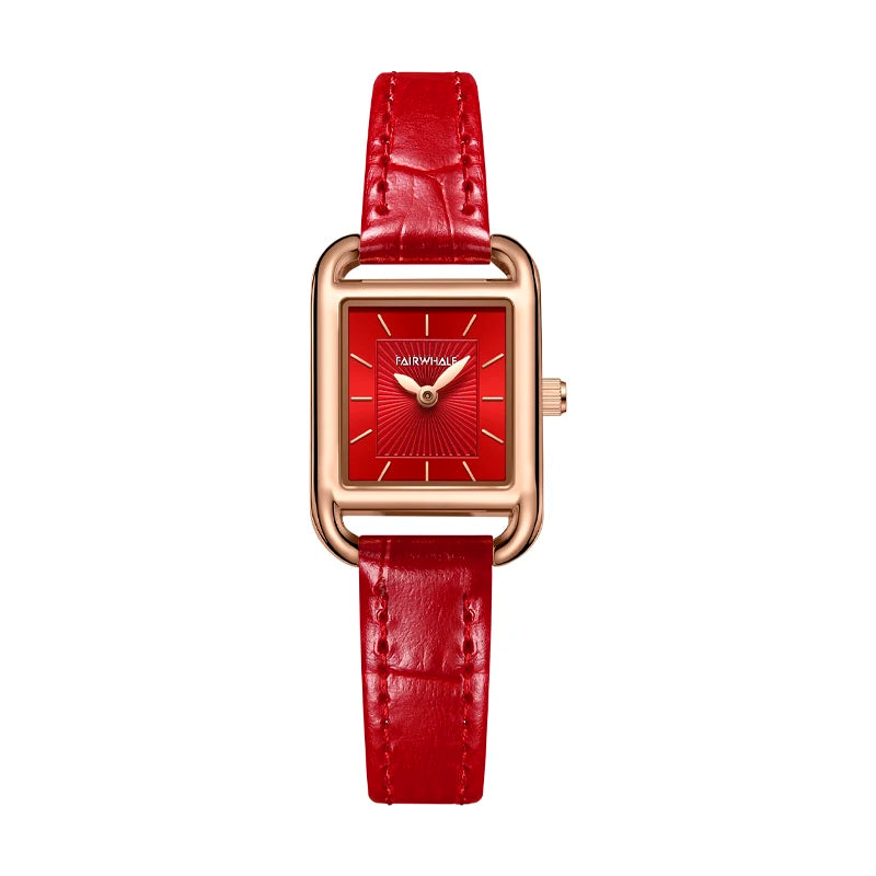 Mark Fairwhale LUNARA Crimson Muse red leather strap watch, stainless steel case, square dial, quartz movement, luxury women&