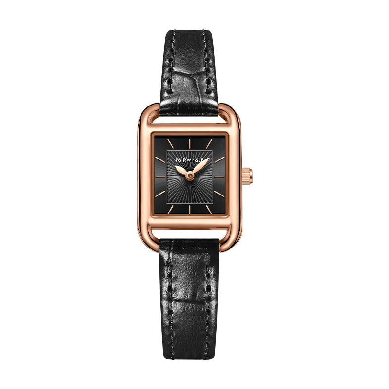 Mark Fairwhale LUNARA Noir Grace black leather strap watch for women, stainless steel square case, quartz movement, minimalist dial