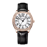 Mark Fairwhale LUNARA Noir Éclat luxury retro quartz watch for women, 35mm round dial, diamond glass window, leather strap