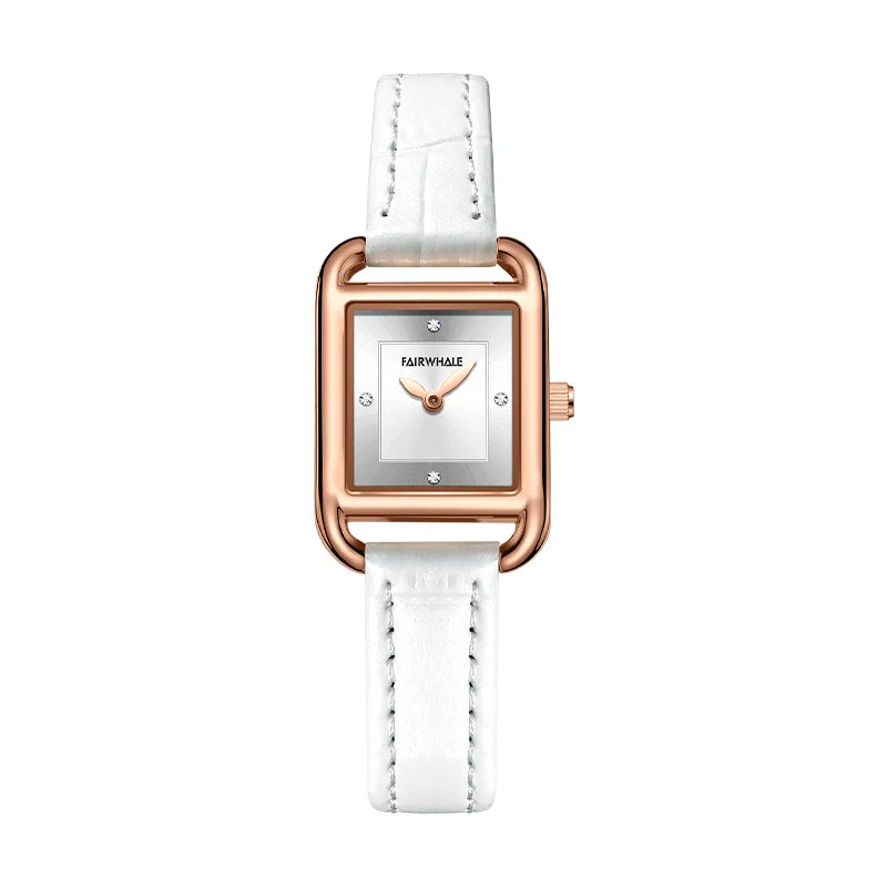 Mark Fairwhale LUNARA Pure Luster white dial quartz watch for women, stainless steel square case, genuine leather strap