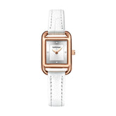 Mark Fairwhale LUNARA Pure Luster white dial quartz watch for women, stainless steel square case, genuine leather strap
