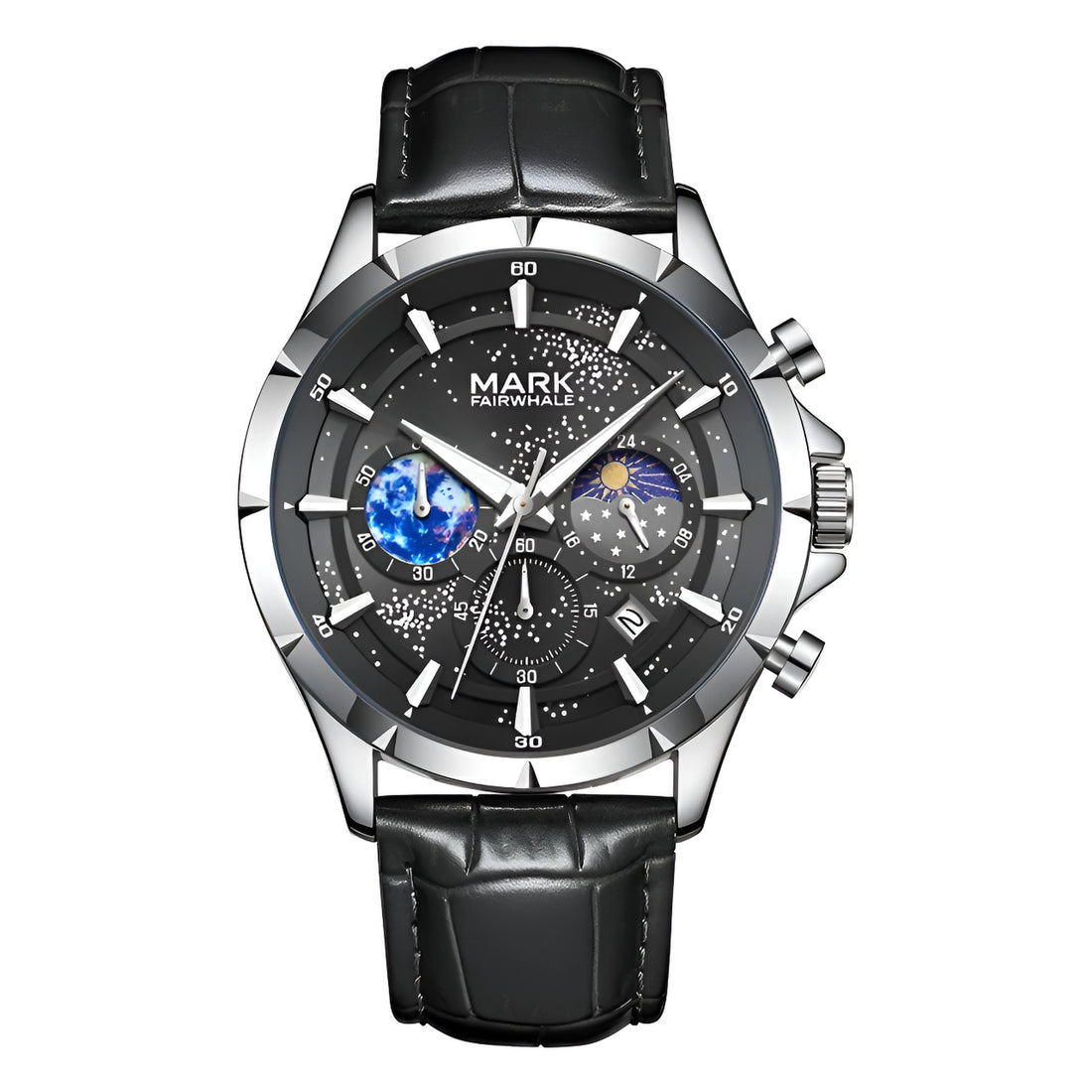 Mark Fairwhale LUNARIS Midnight Cosmos – Black dial moon phase chronograph watch for men with leather strap and complete calendar