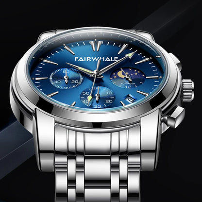 Mark Fairwhale LUNARYS blue dial moon phase watch with stainless steel strap – elegant men’s timepiece
