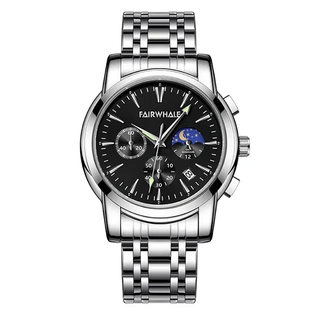 Mark Fairwhale LUNARYS men’s moon phase watch with stainless steel strap and black dial – model 5630