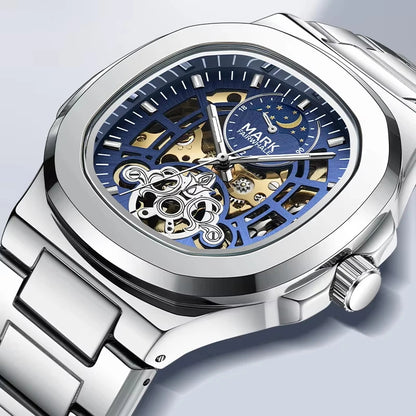 Mark Fairwhale LUNASKEL FW-6012 blue skeleton automatic moon phase watch with stainless steel bracelet