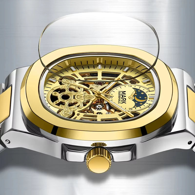Mark Fairwhale LUNASKEL FW-6012 blue skeleton automatic moon phase watch with stainless steel bracelet