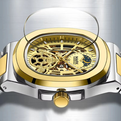 Mark Fairwhale LUNASKEL FW-6012 blue skeleton automatic moon phase watch with stainless steel bracelet