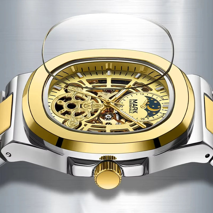 Mark Fairwhale LUNASKEL FW-6012 blue skeleton automatic moon phase watch with stainless steel bracelet