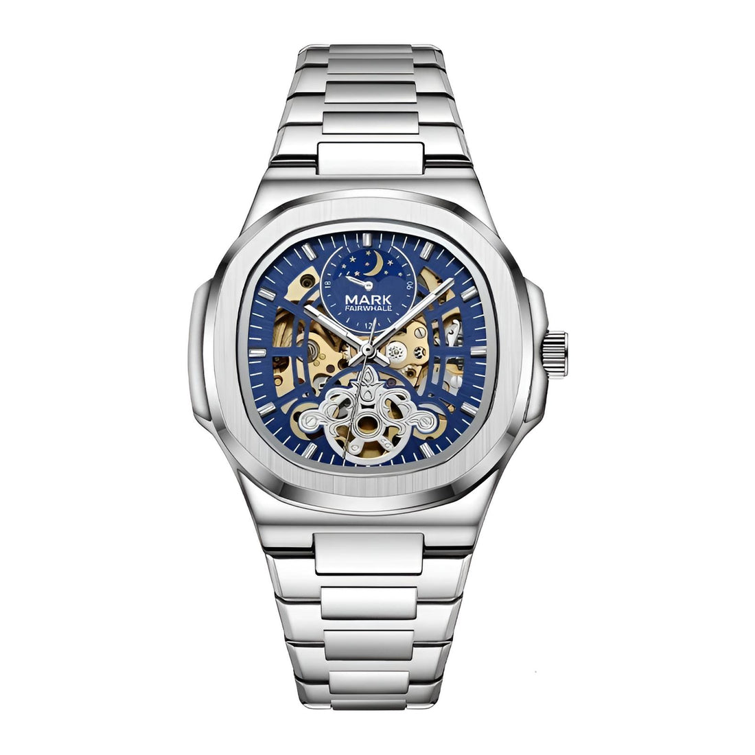 Mark Fairwhale LUNASKEL FW-6012 blue skeleton automatic watch with moon phase display front view